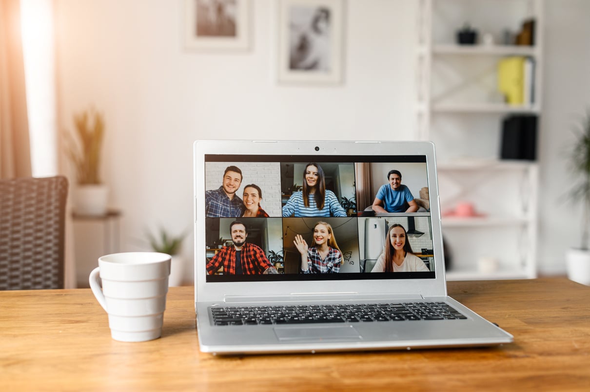 Video meeting on laptop screen, zoom app